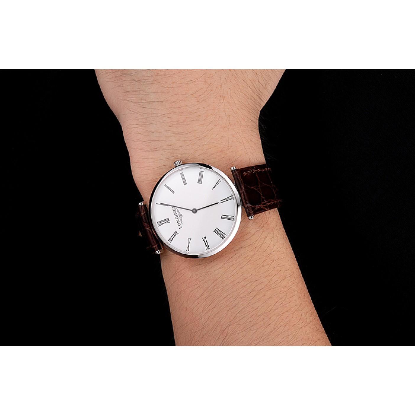 MiroTime Swiss Longines Grande Classique White Dial Roman Numerals Stainless Steel Case Brown Leather Strap