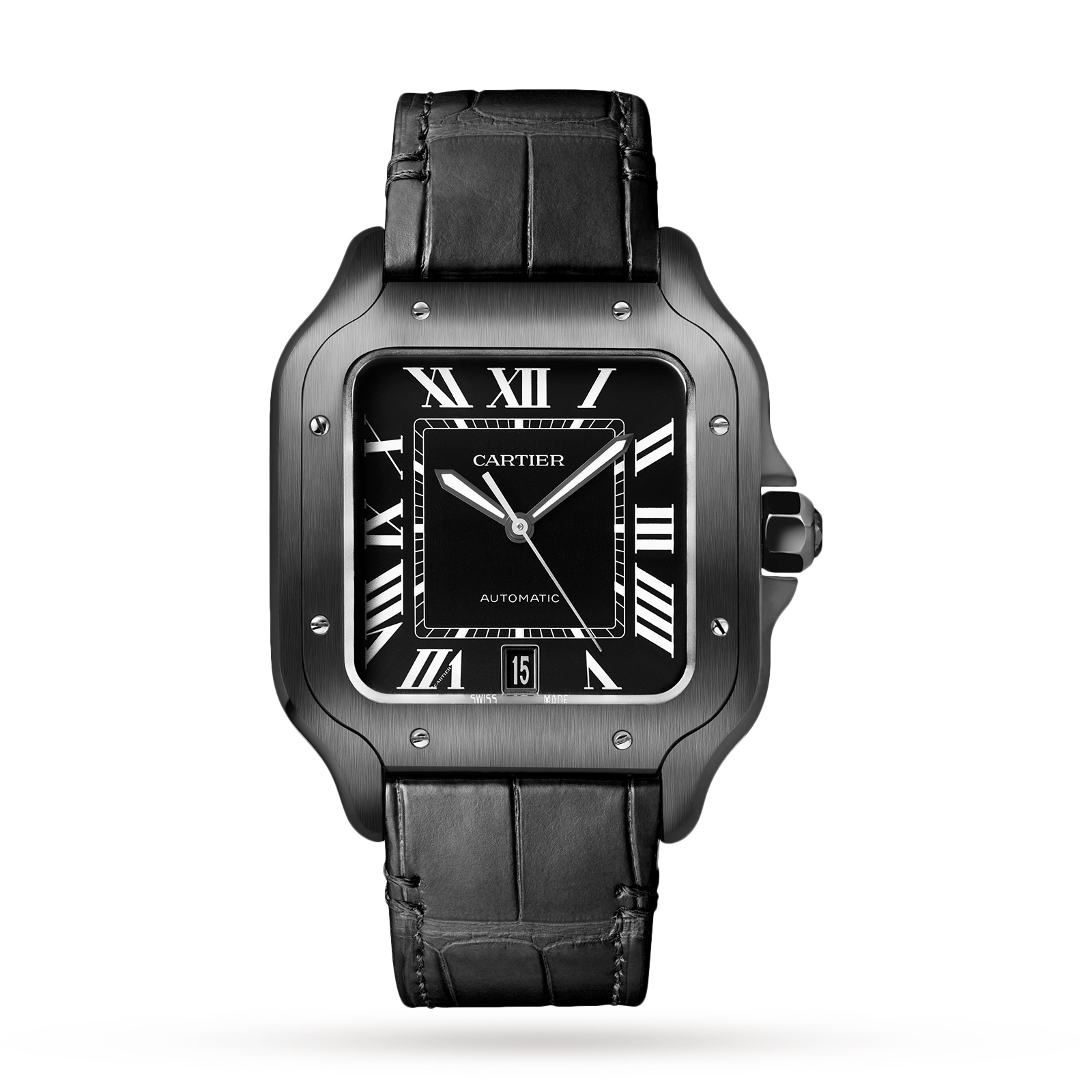 MiroTime Swiss Santos de Cartier watch Large model, automatic, steel, ADLC, interchangeable rubber and leather bracelets