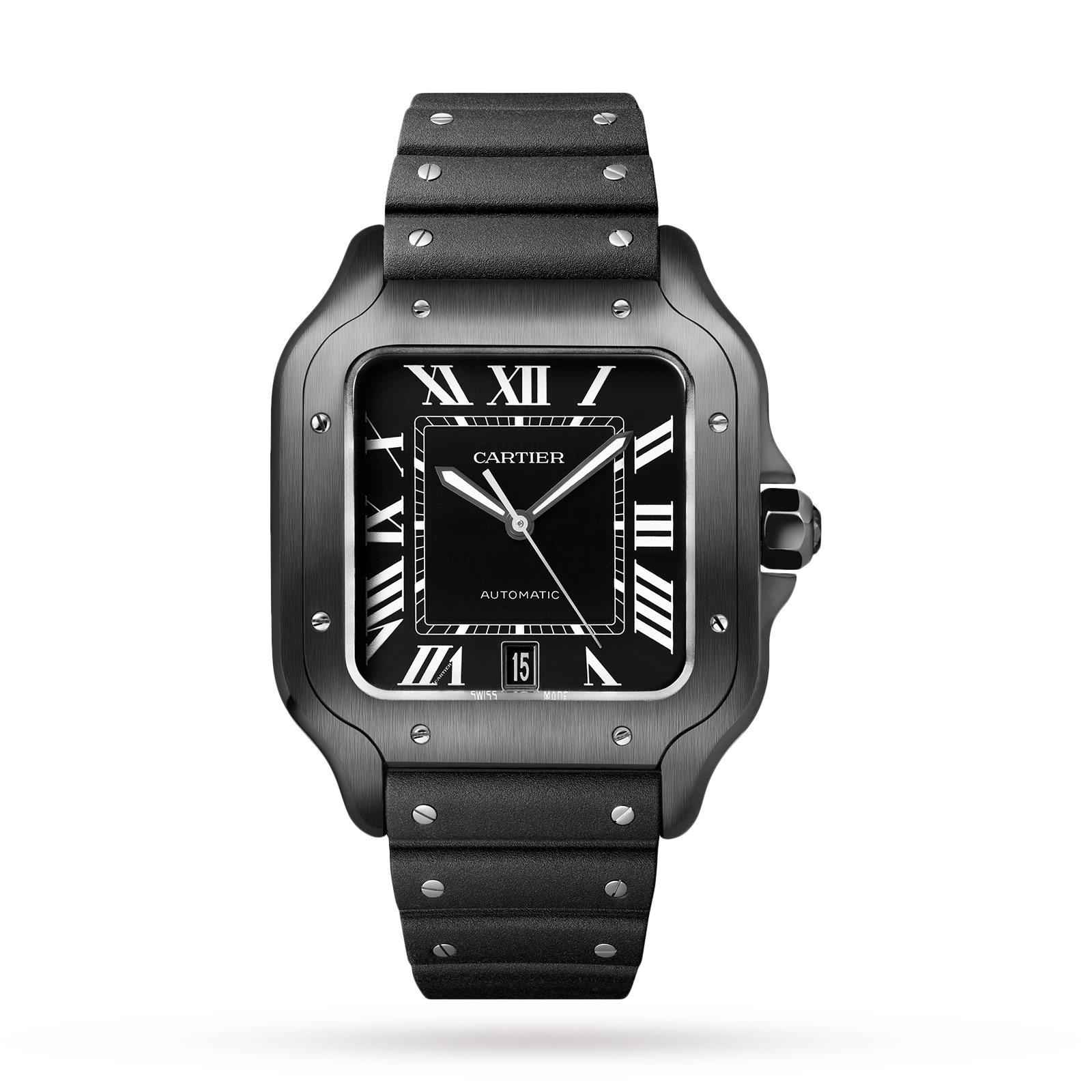 MiroTime Swiss Santos de Cartier watch Large model, automatic, steel, ADLC, interchangeable rubber and leather bracelets