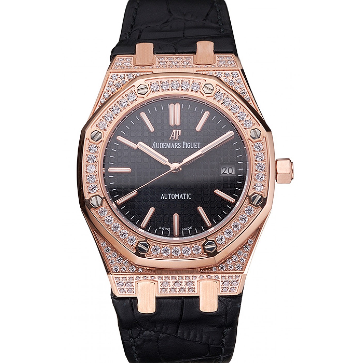 MiroTime Swiss Audemars Piguet Royal Oak Black Dial Gold Case With Diamonds Black Leather Strap