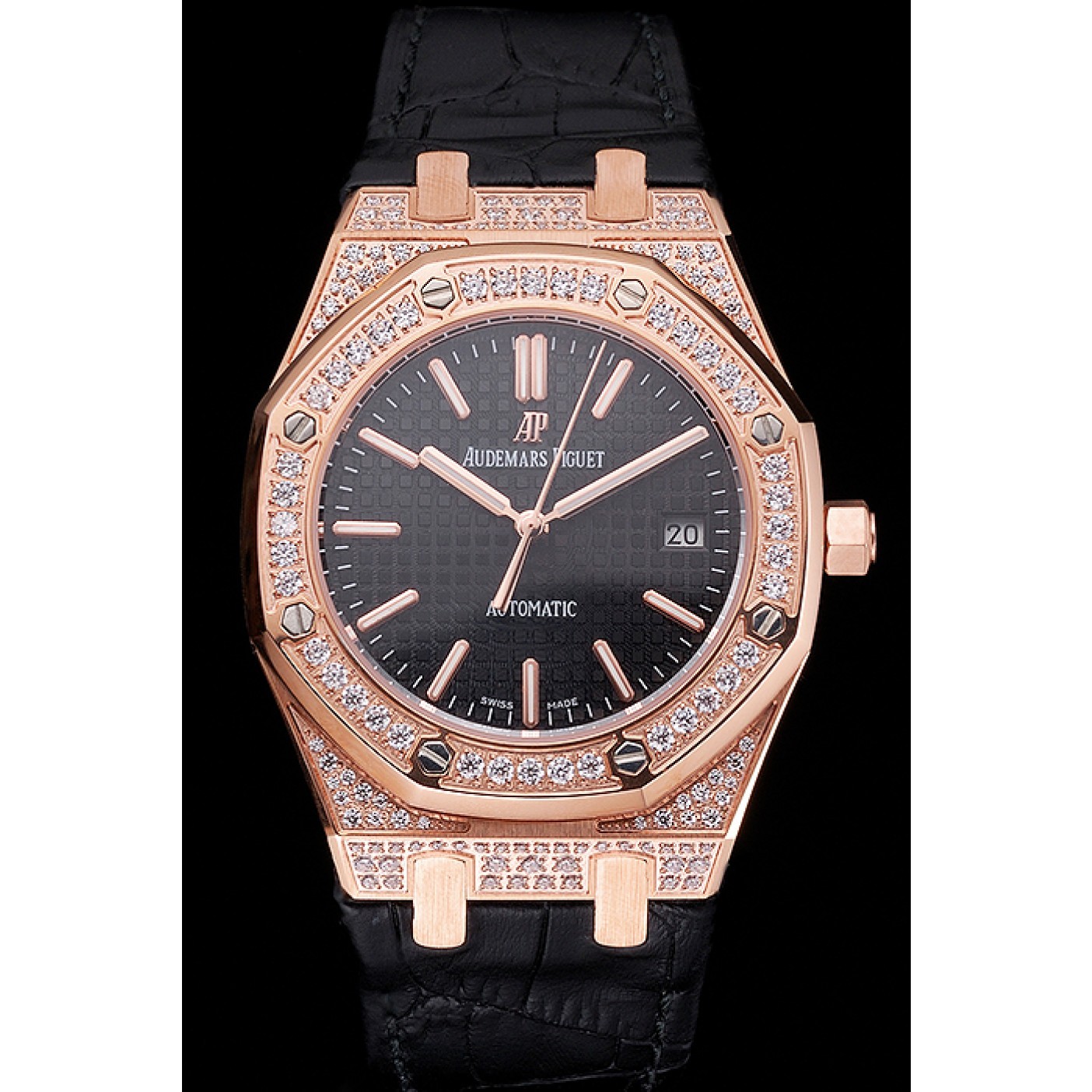 MiroTime Swiss Audemars Piguet Royal Oak Black Dial Gold Case With Diamonds Black Leather Strap