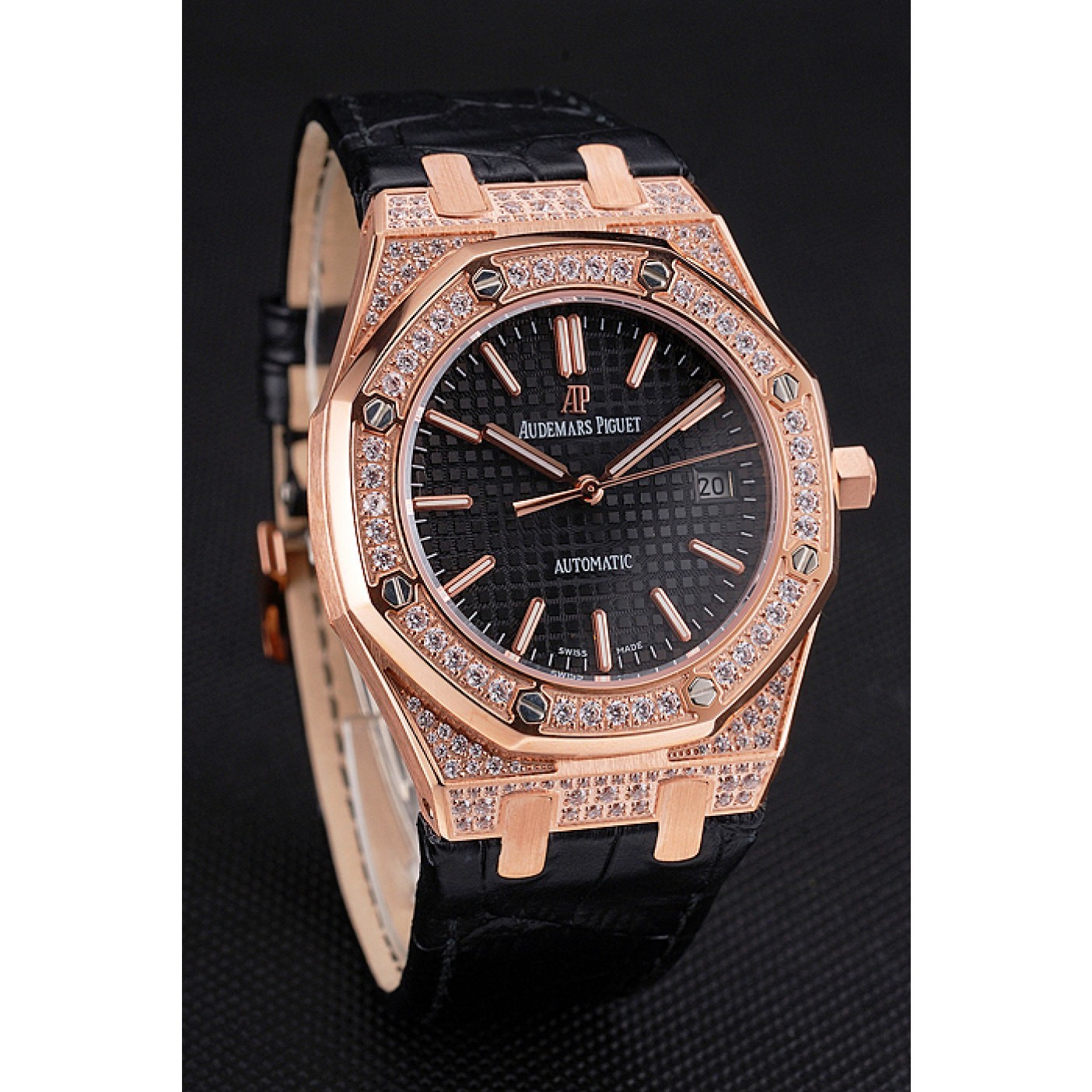 MiroTime Swiss Audemars Piguet Royal Oak Black Dial Gold Case With Diamonds Black Leather Strap