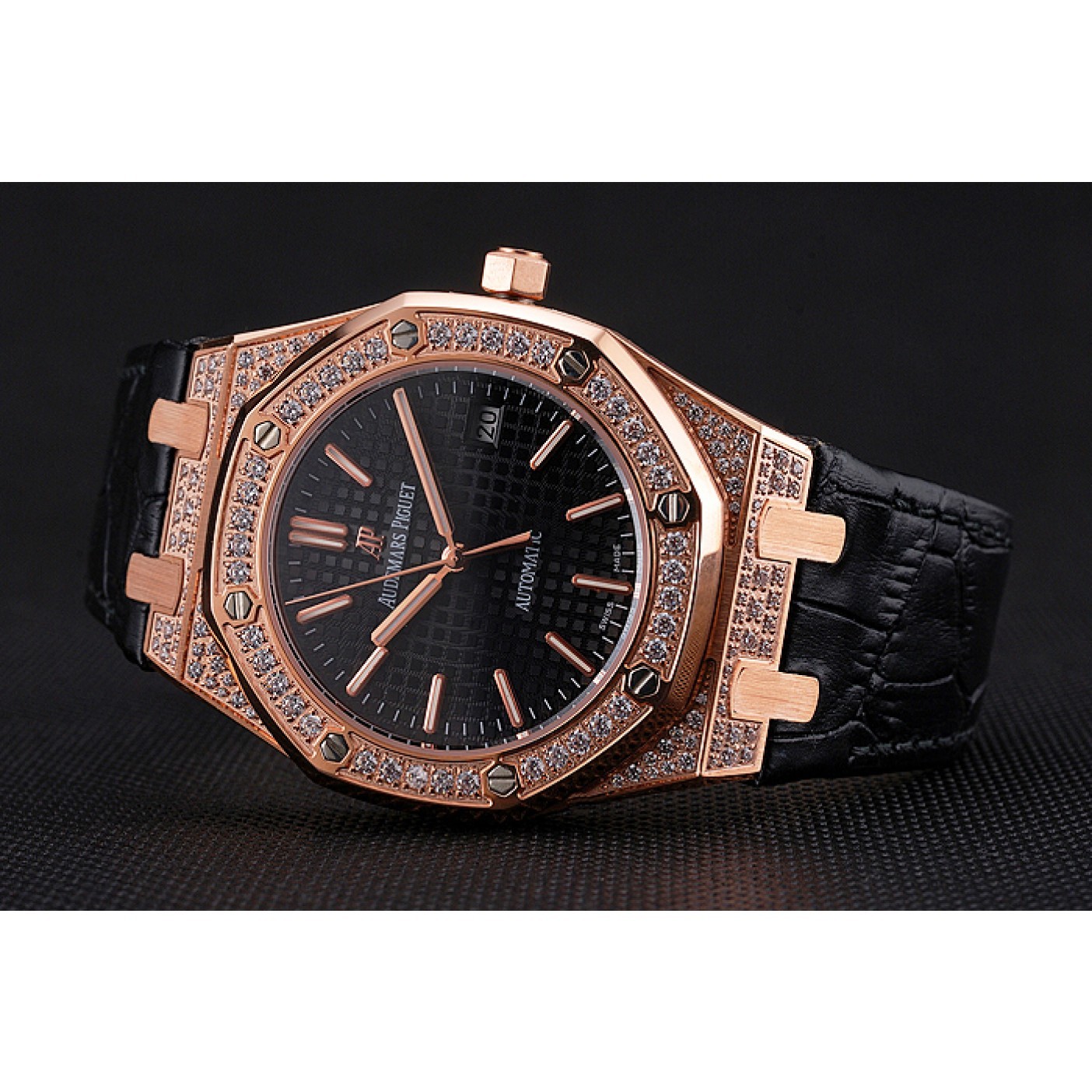 MiroTime Swiss Audemars Piguet Royal Oak Black Dial Gold Case With Diamonds Black Leather Strap