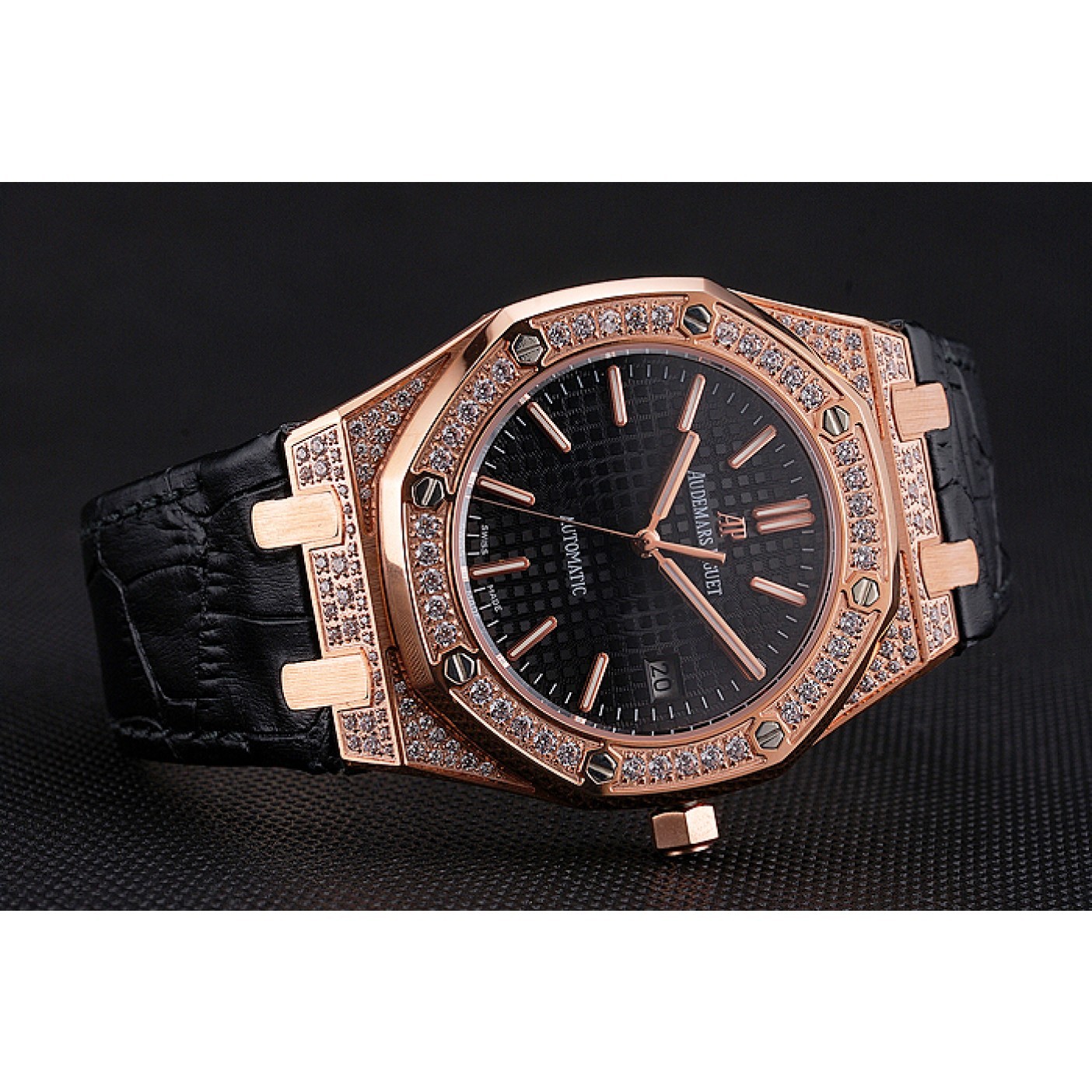 MiroTime Swiss Audemars Piguet Royal Oak Black Dial Gold Case With Diamonds Black Leather Strap