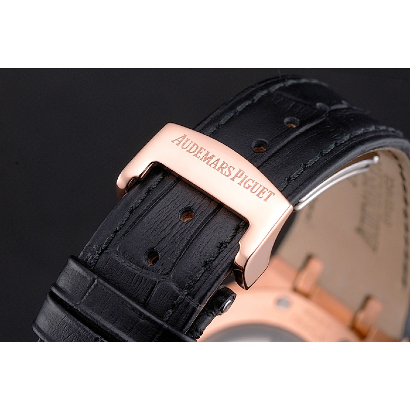 MiroTime Swiss Audemars Piguet Royal Oak Black Dial Gold Case With Diamonds Black Leather Strap