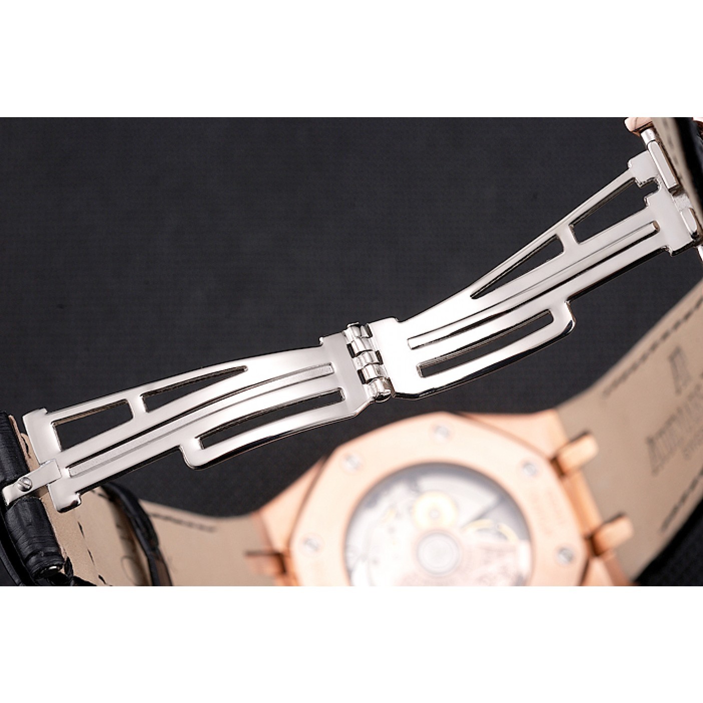 MiroTime Swiss Audemars Piguet Royal Oak Black Dial Gold Case With Diamonds Black Leather Strap