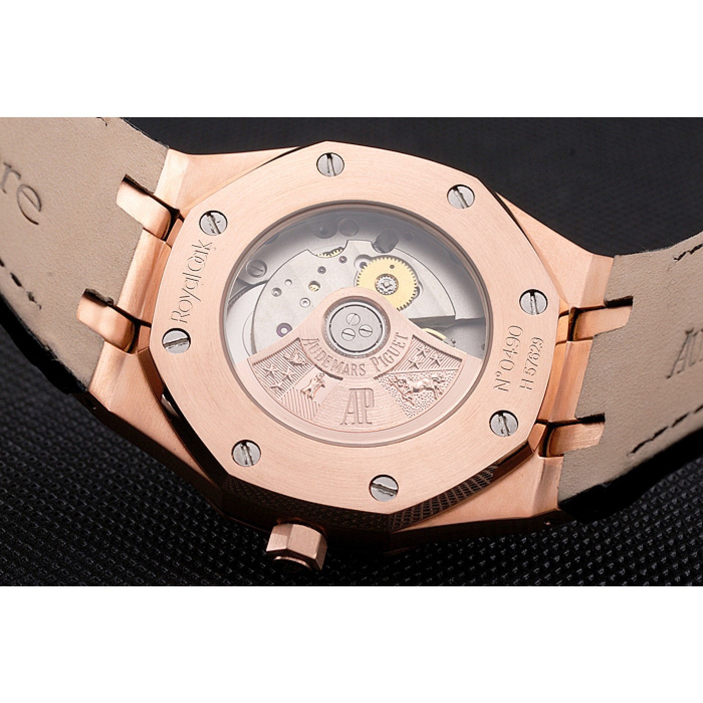 MiroTime Swiss Audemars Piguet Royal Oak Black Dial Gold Case With Diamonds Black Leather Strap