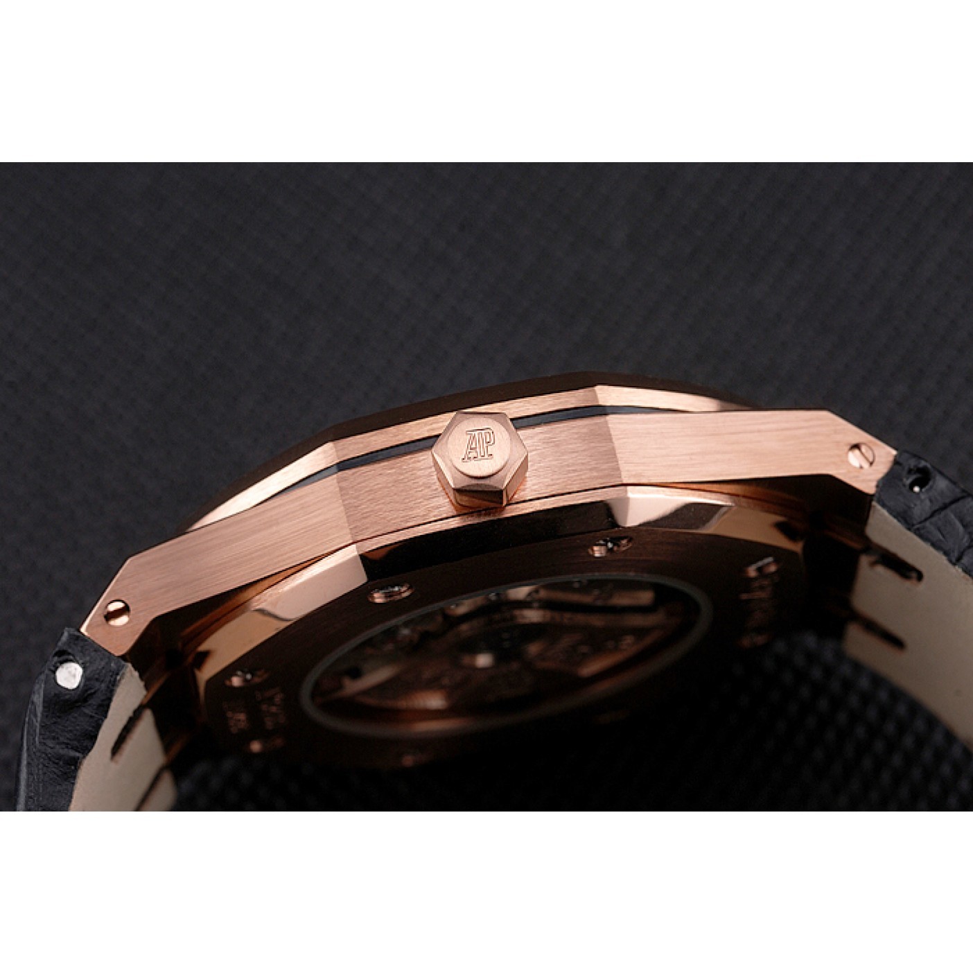 MiroTime Swiss Audemars Piguet Royal Oak Black Dial Gold Case With Diamonds Black Leather Strap