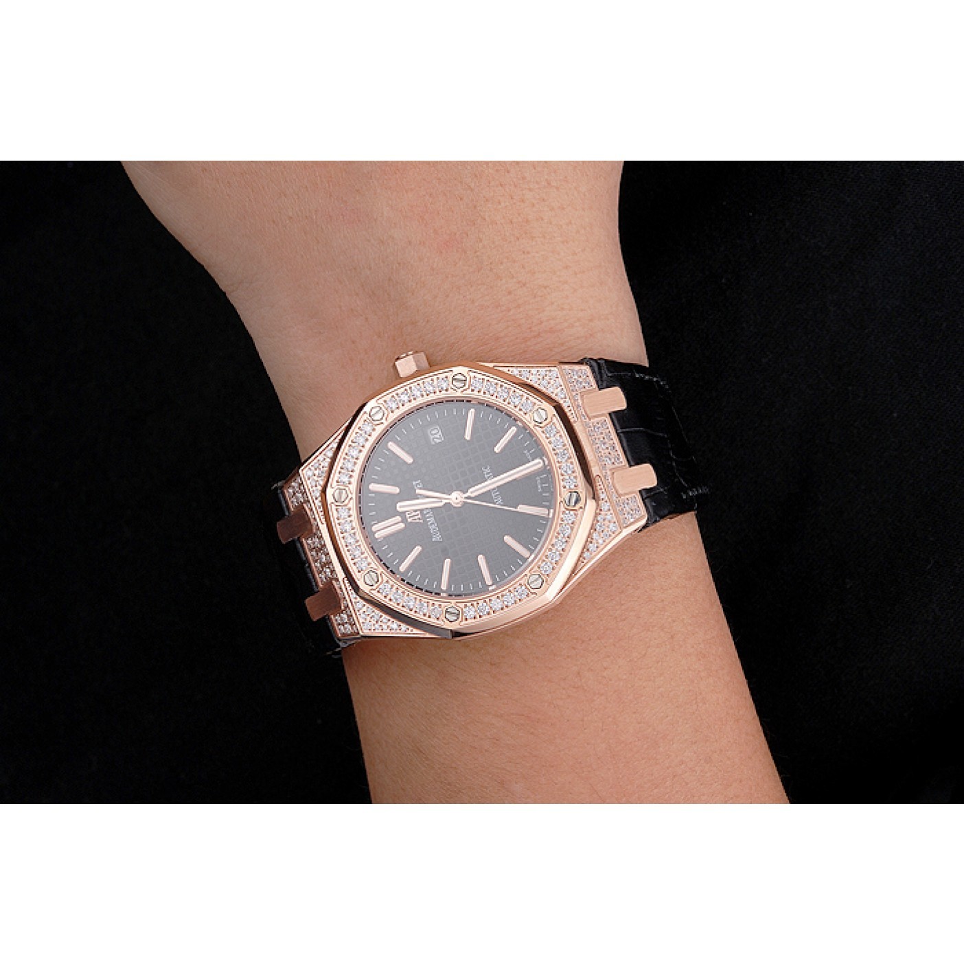 MiroTime Swiss Audemars Piguet Royal Oak Black Dial Gold Case With Diamonds Black Leather Strap