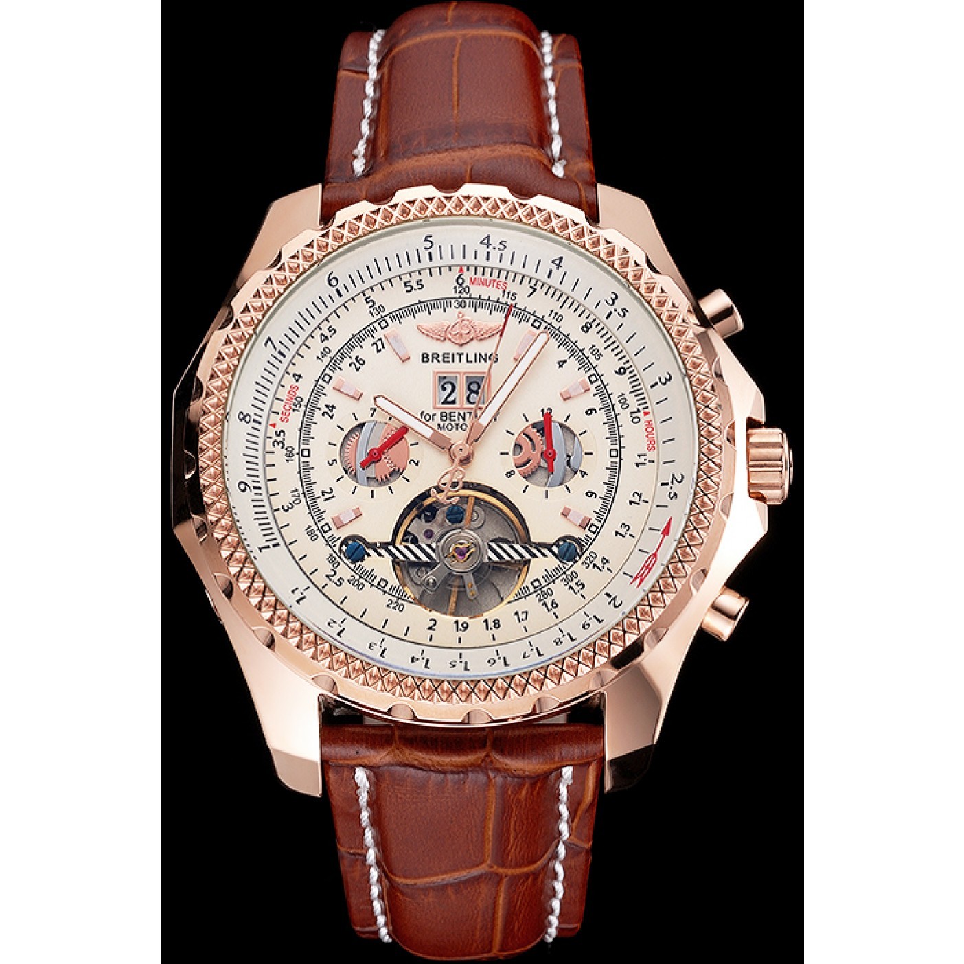 MiroTime Breitling For Bentley Mulliner Tourbillon White Dial Rose Gold Case Brown Leather Strap