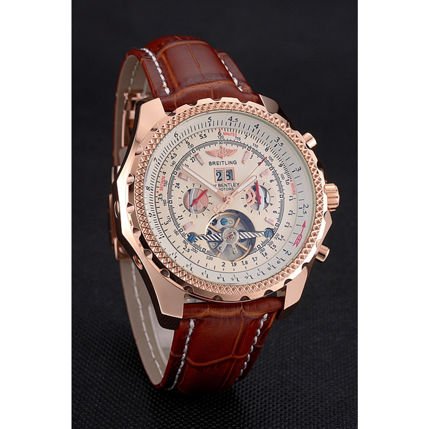 MiroTime Breitling For Bentley Mulliner Tourbillon White Dial Rose Gold Case Brown Leather Strap