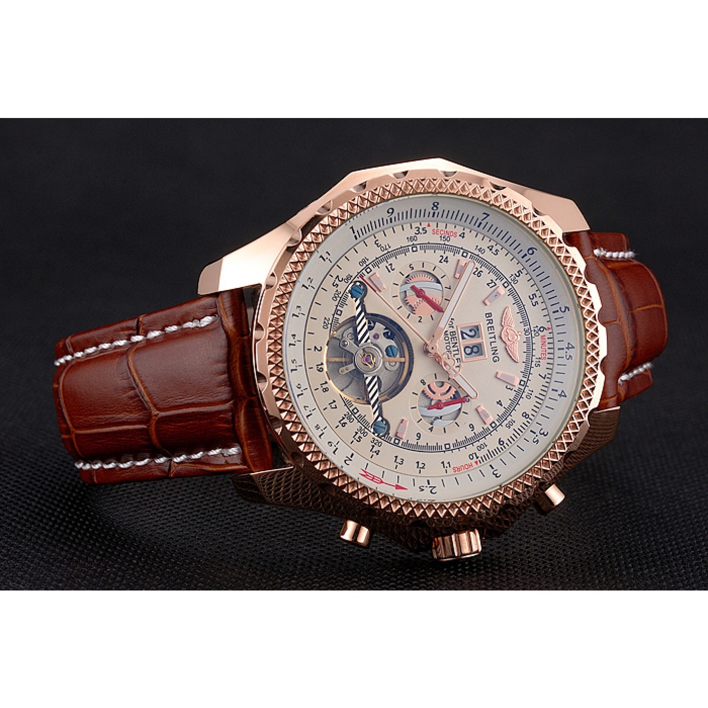 MiroTime Breitling For Bentley Mulliner Tourbillon White Dial Rose Gold Case Brown Leather Strap