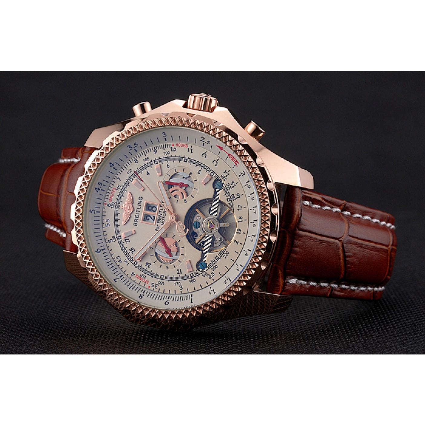 MiroTime Breitling For Bentley Mulliner Tourbillon White Dial Rose Gold Case Brown Leather Strap
