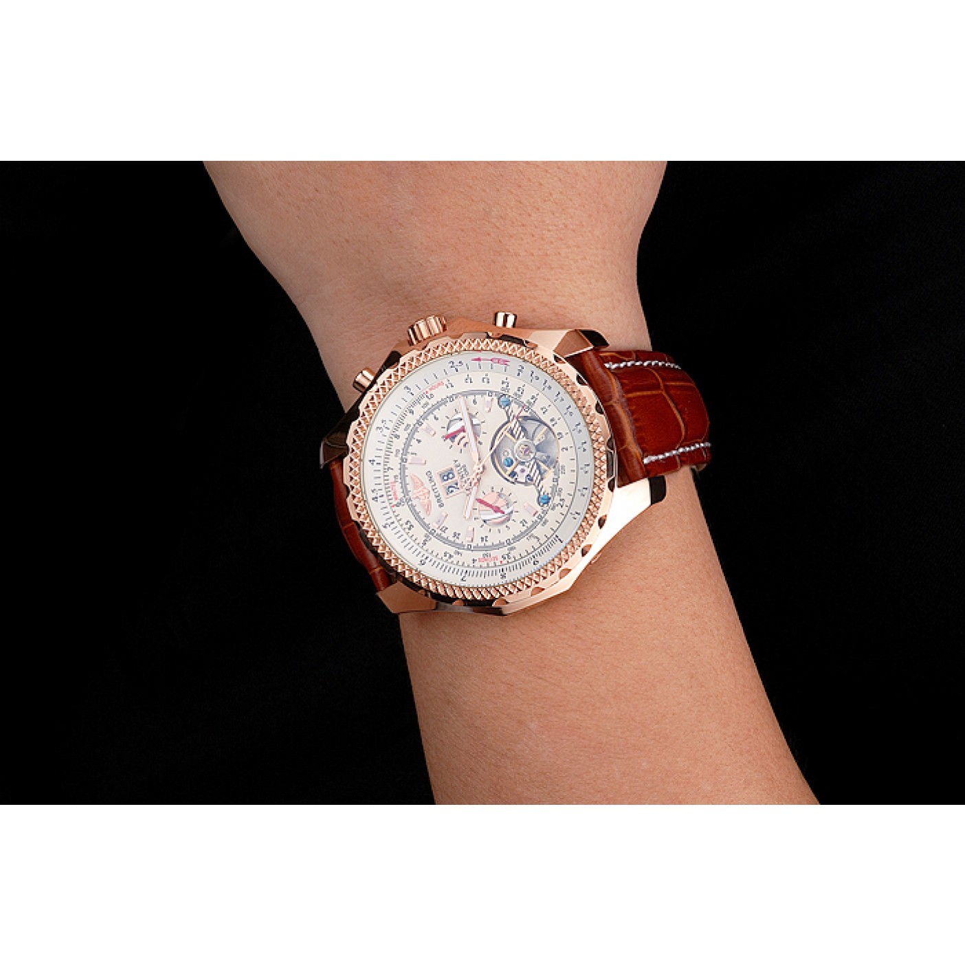 MiroTime Breitling For Bentley Mulliner Tourbillon White Dial Rose Gold Case Brown Leather Strap