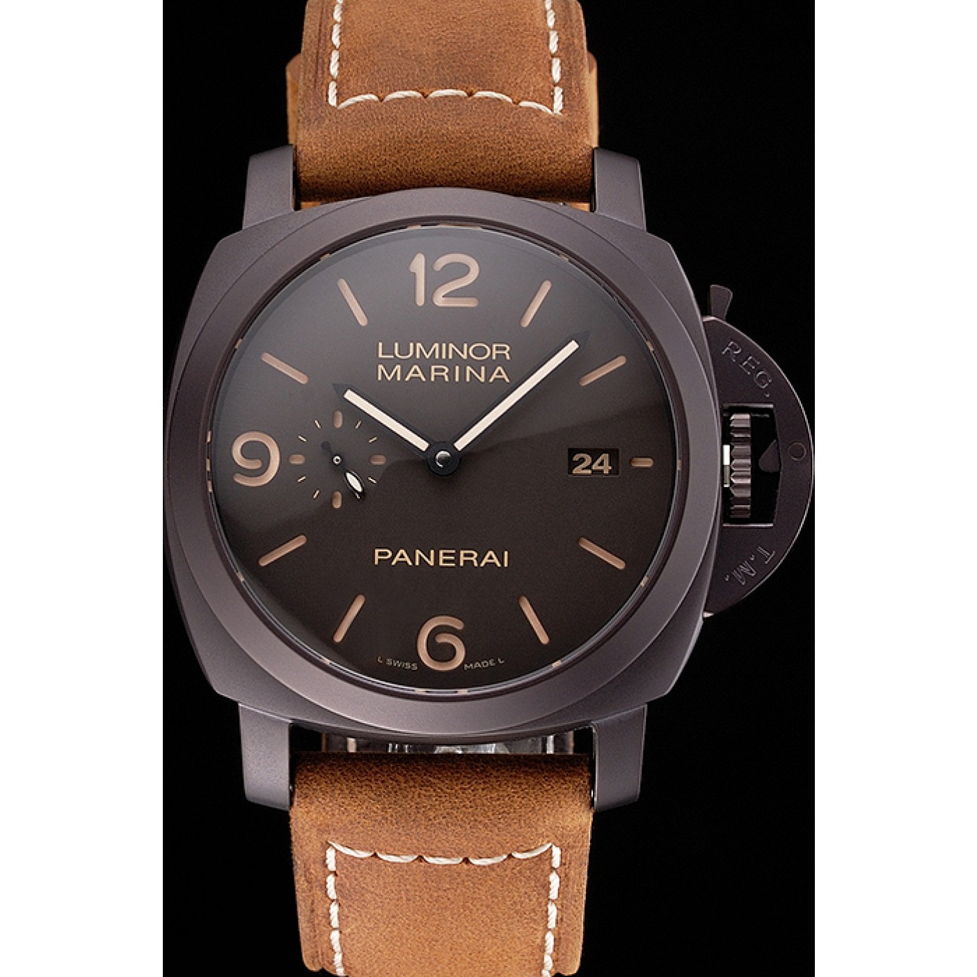 MiroTime Swiss Panerai Luminor Marina 1950 3 Days Brown Dial Black Case Brown Leather Strap