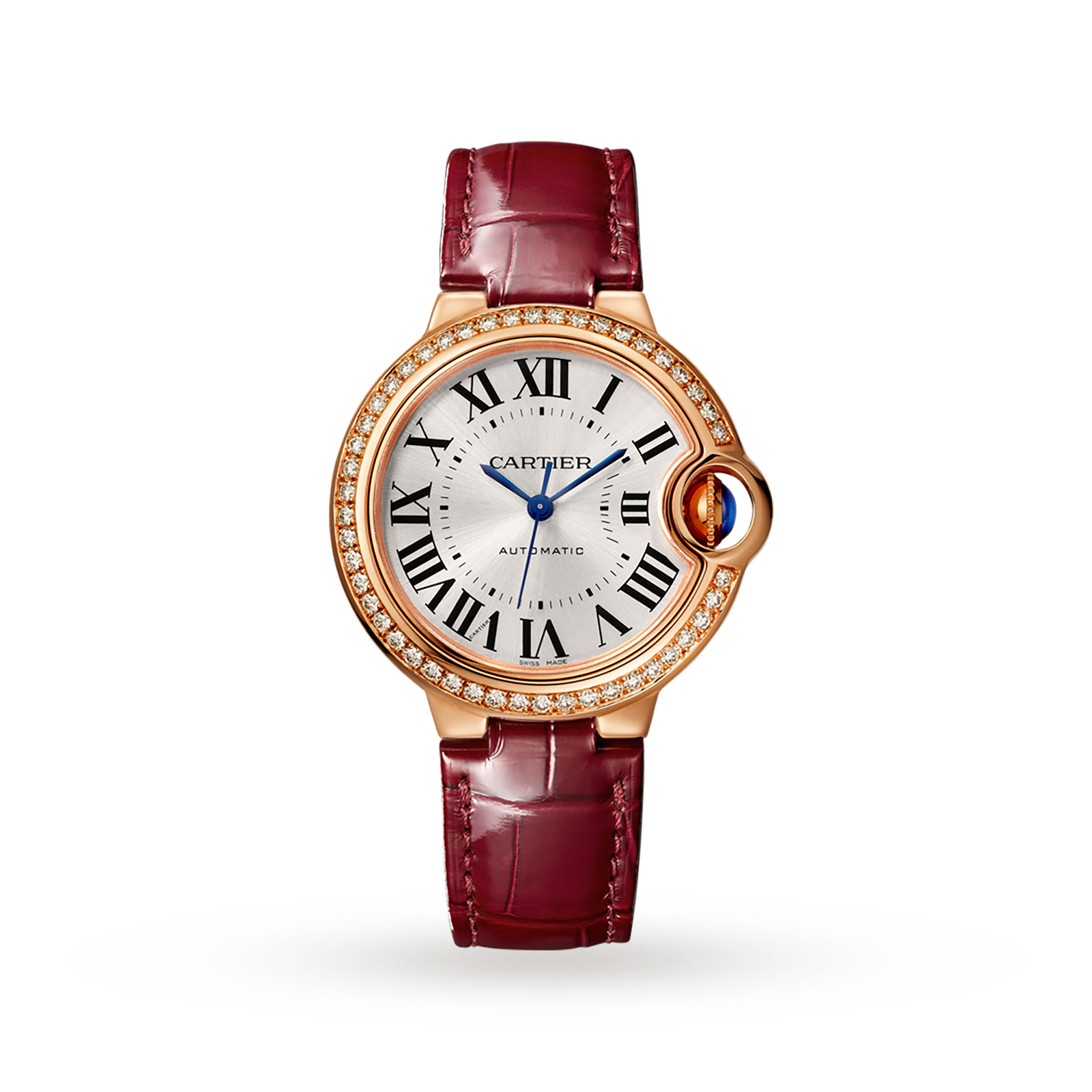MiroTime Swiss Ballon Bleu de Cartier watch, 33 mm, pink gold, diamonds, leather