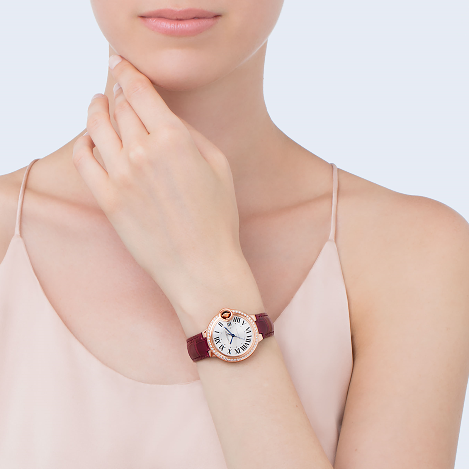 MiroTime Swiss Ballon Bleu de Cartier watch, 33 mm, pink gold, diamonds, leather