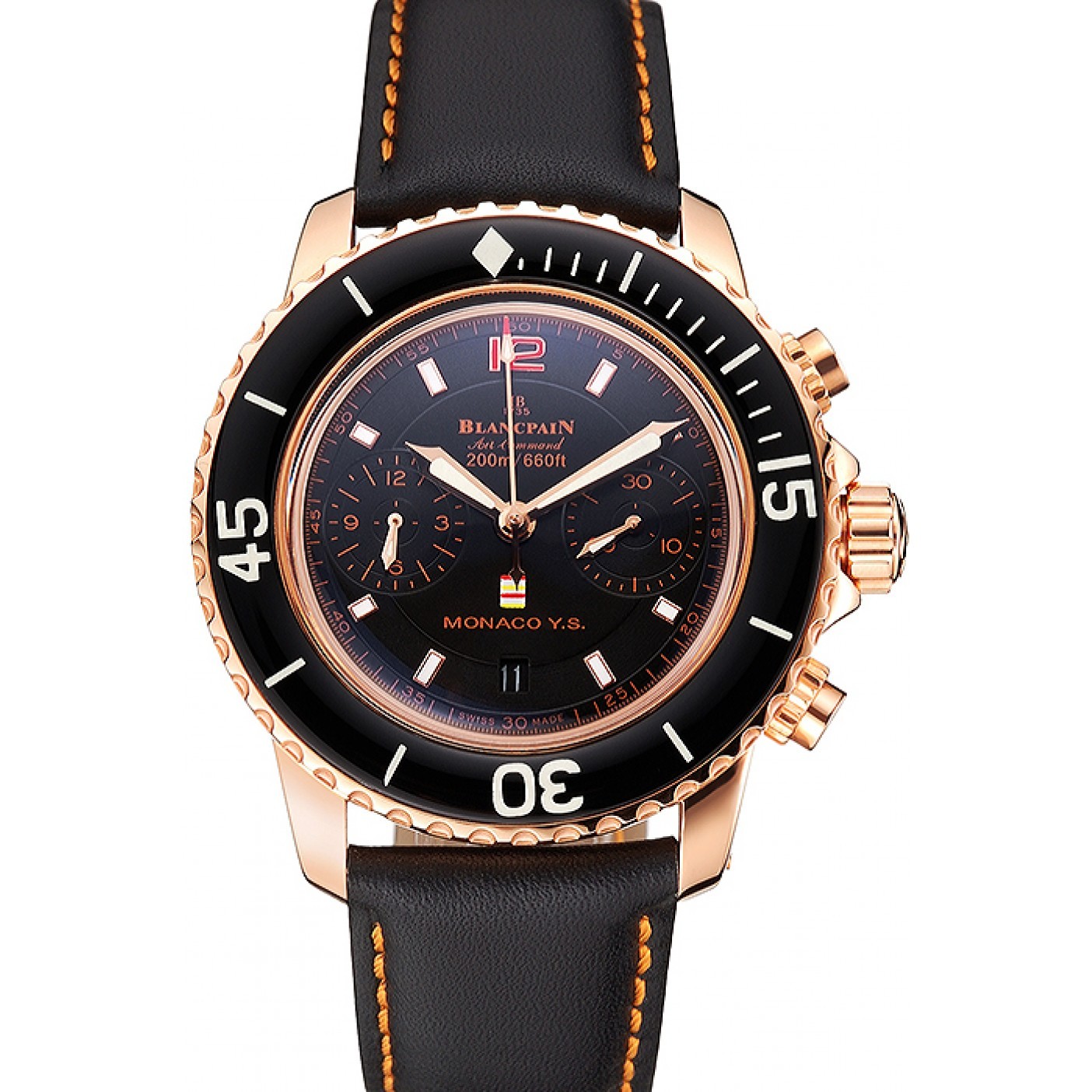 MiroTime Swiss Blancpain Air Command Monaco YS Black Dial Rose Gold Case Black Leather Strap