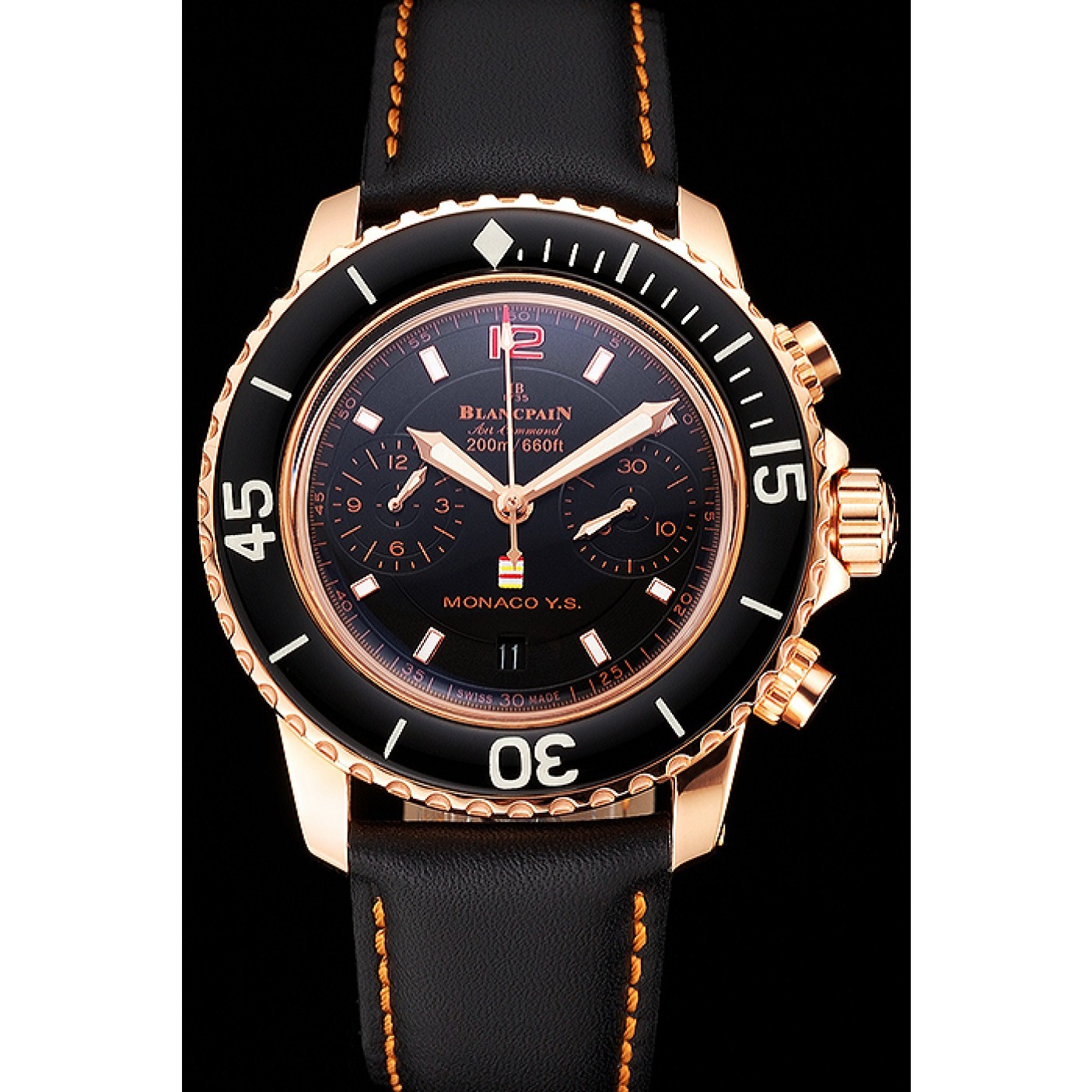 MiroTime Swiss Blancpain Air Command Monaco YS Black Dial Rose Gold Case Black Leather Strap