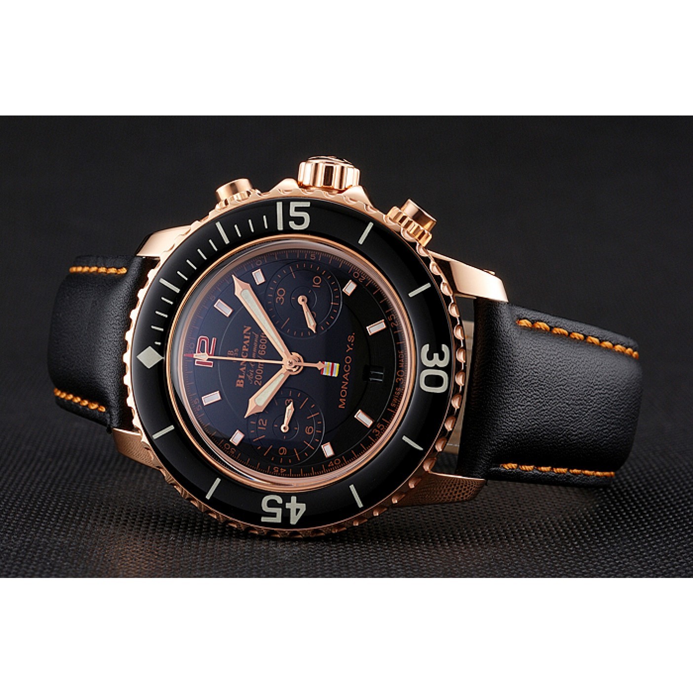 MiroTime Swiss Blancpain Air Command Monaco YS Black Dial Rose Gold Case Black Leather Strap