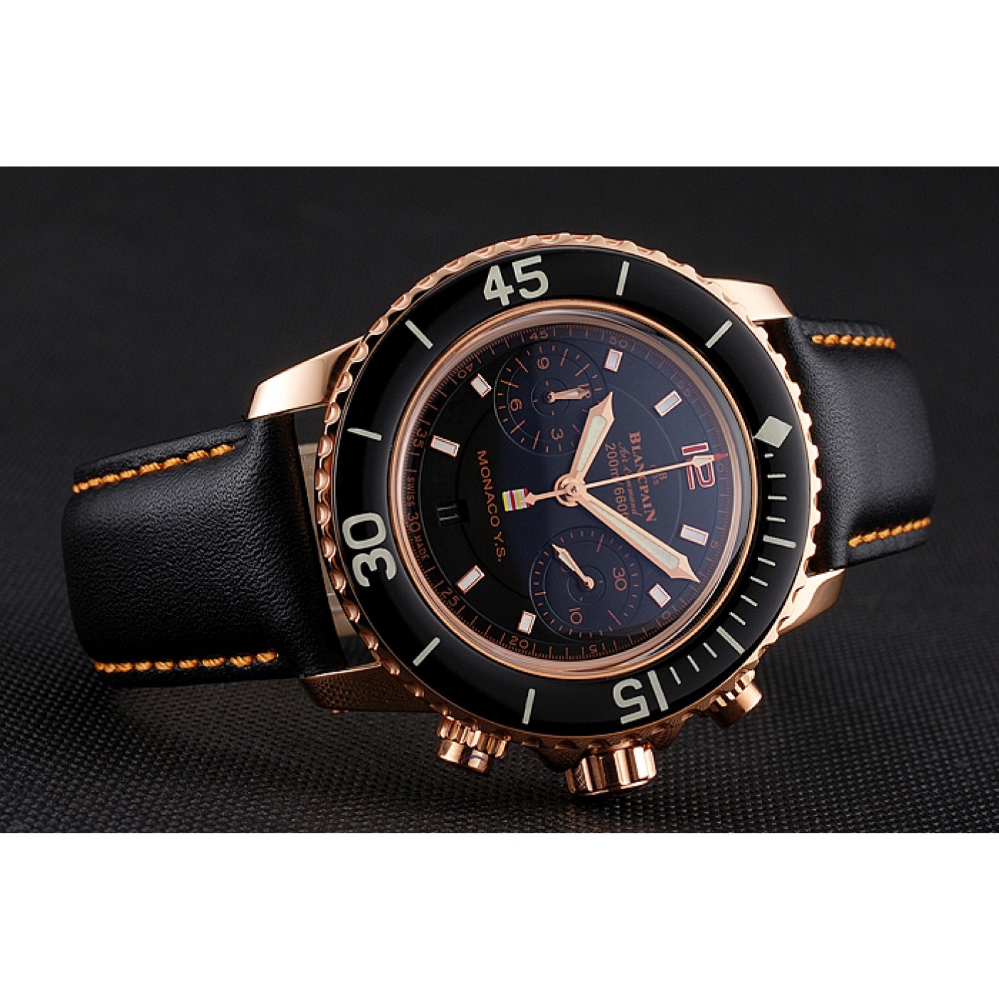 MiroTime Swiss Blancpain Air Command Monaco YS Black Dial Rose Gold Case Black Leather Strap
