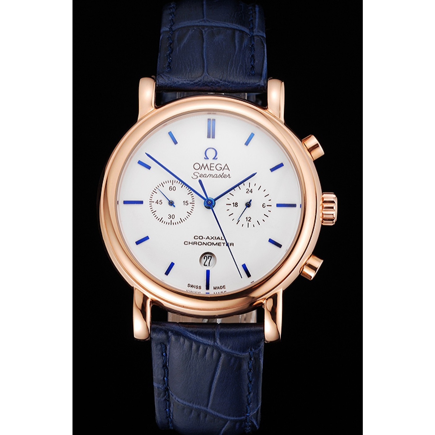 MiroTime Omega Seamaster Vintage Chronograph White Dial Blue Hour Marks Rose Gold Case Blue Leather Strap