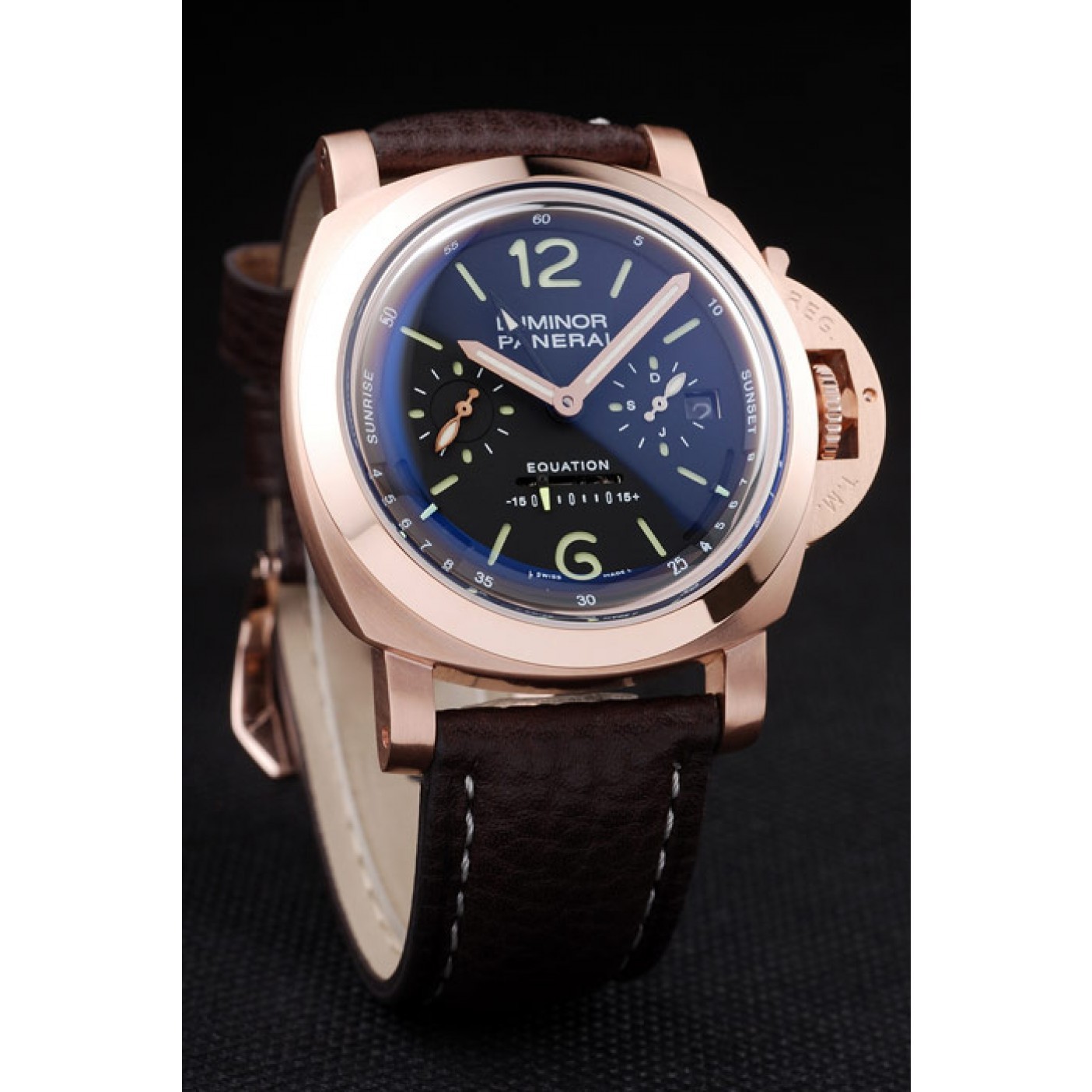 MiroTime Panerai Luminor Rose Gold Case Black Dial Dark Brown Leather Strap
