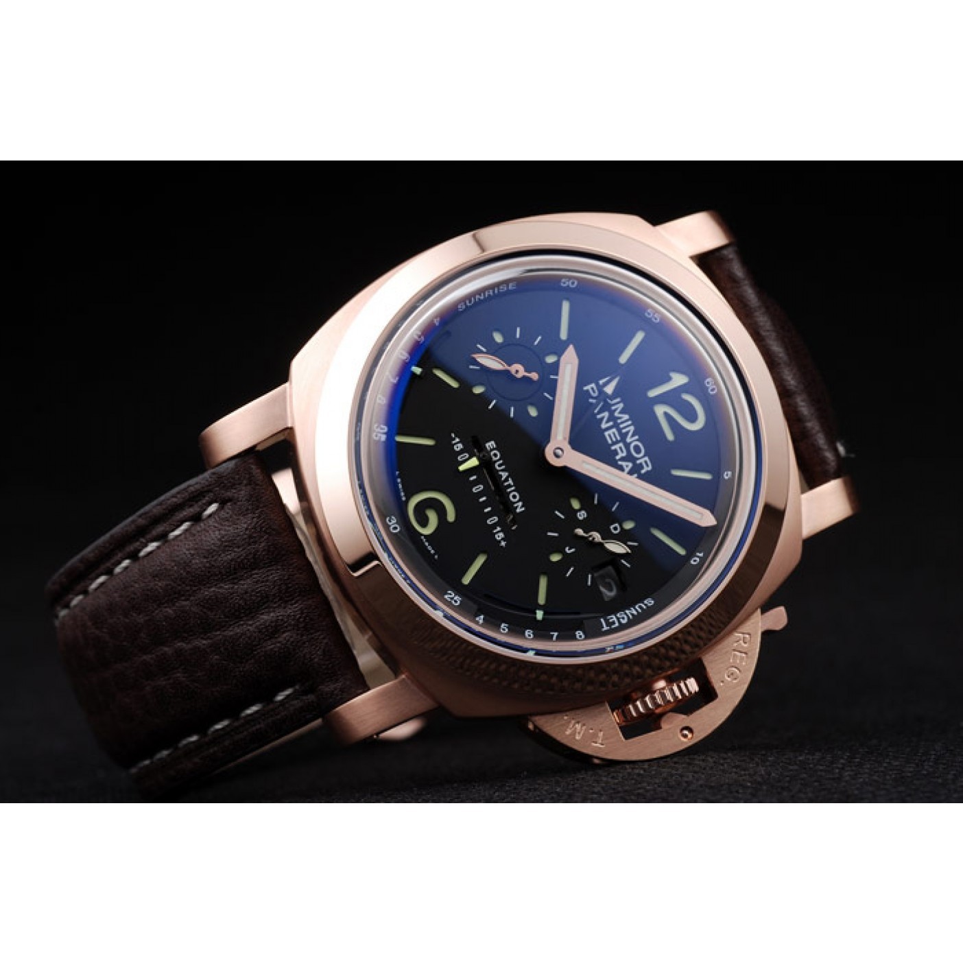 MiroTime Panerai Luminor Rose Gold Case Black Dial Dark Brown Leather Strap