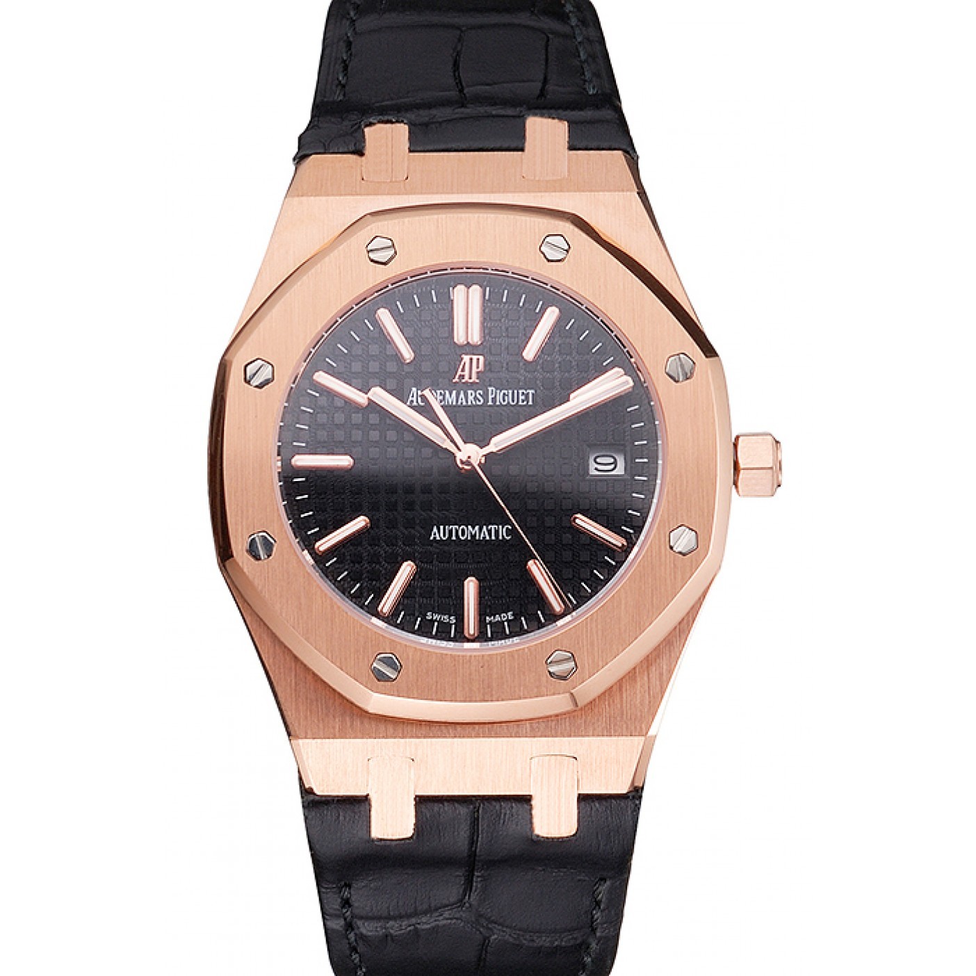 MiroTime Swiss Audemars Piguet Royal Oak Black Dial Gold Case Black Leather Strap