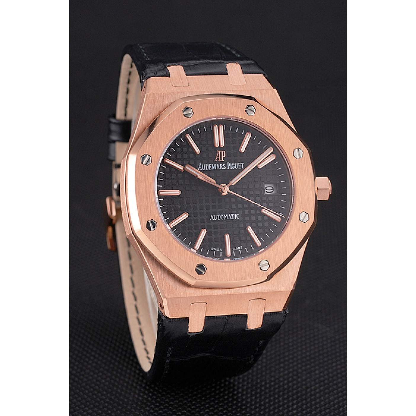 MiroTime Swiss Audemars Piguet Royal Oak Black Dial Gold Case Black Leather Strap