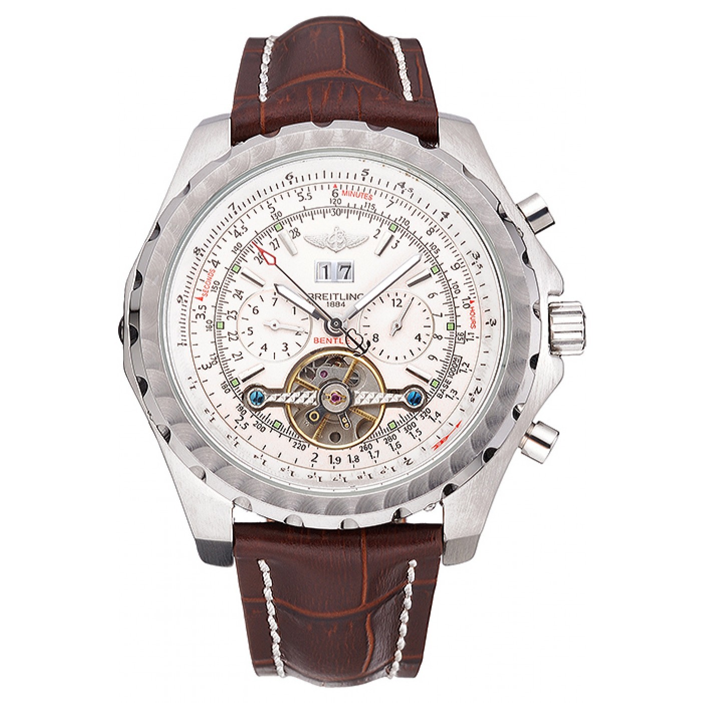 MiroTime Breitling Bentley Mulliner Tourbillon White Dial Stainless Steel Case Brown Leather Strap 622729