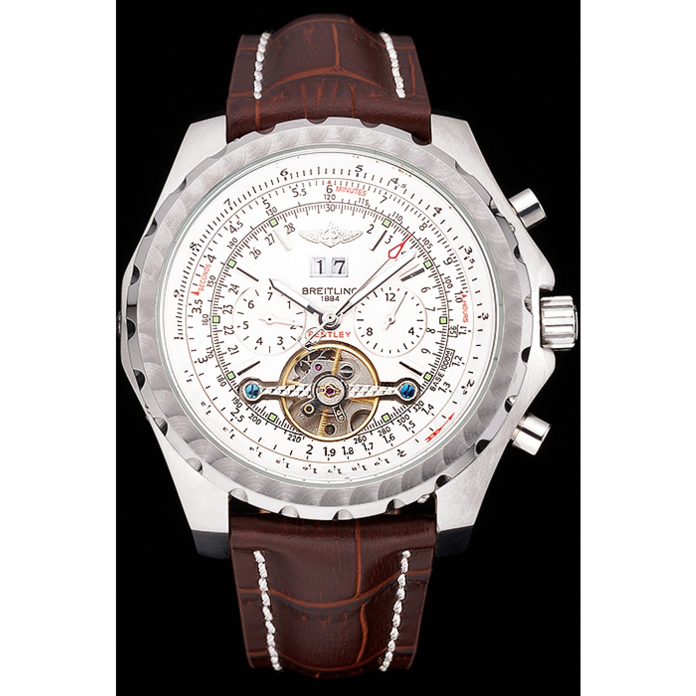MiroTime Breitling Bentley Mulliner Tourbillon White Dial Stainless Steel Case Brown Leather Strap 622729