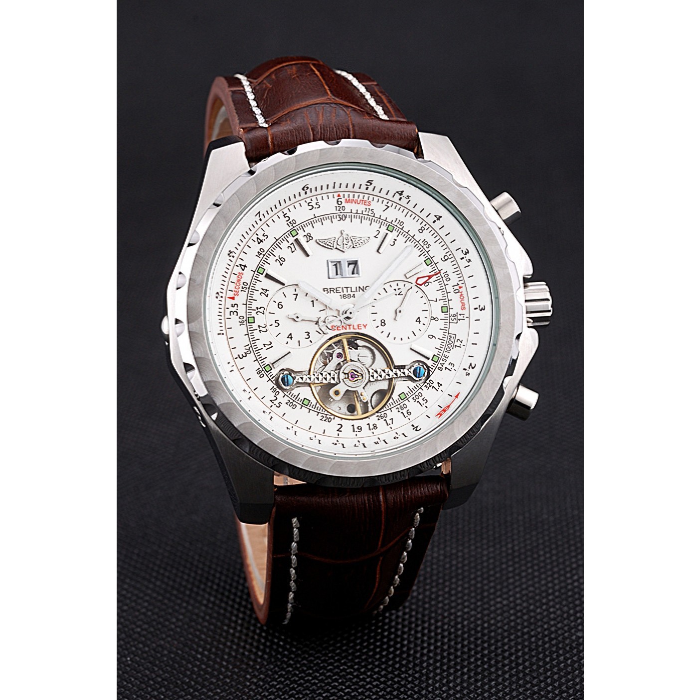 MiroTime Breitling Bentley Mulliner Tourbillon White Dial Stainless Steel Case Brown Leather Strap 622729