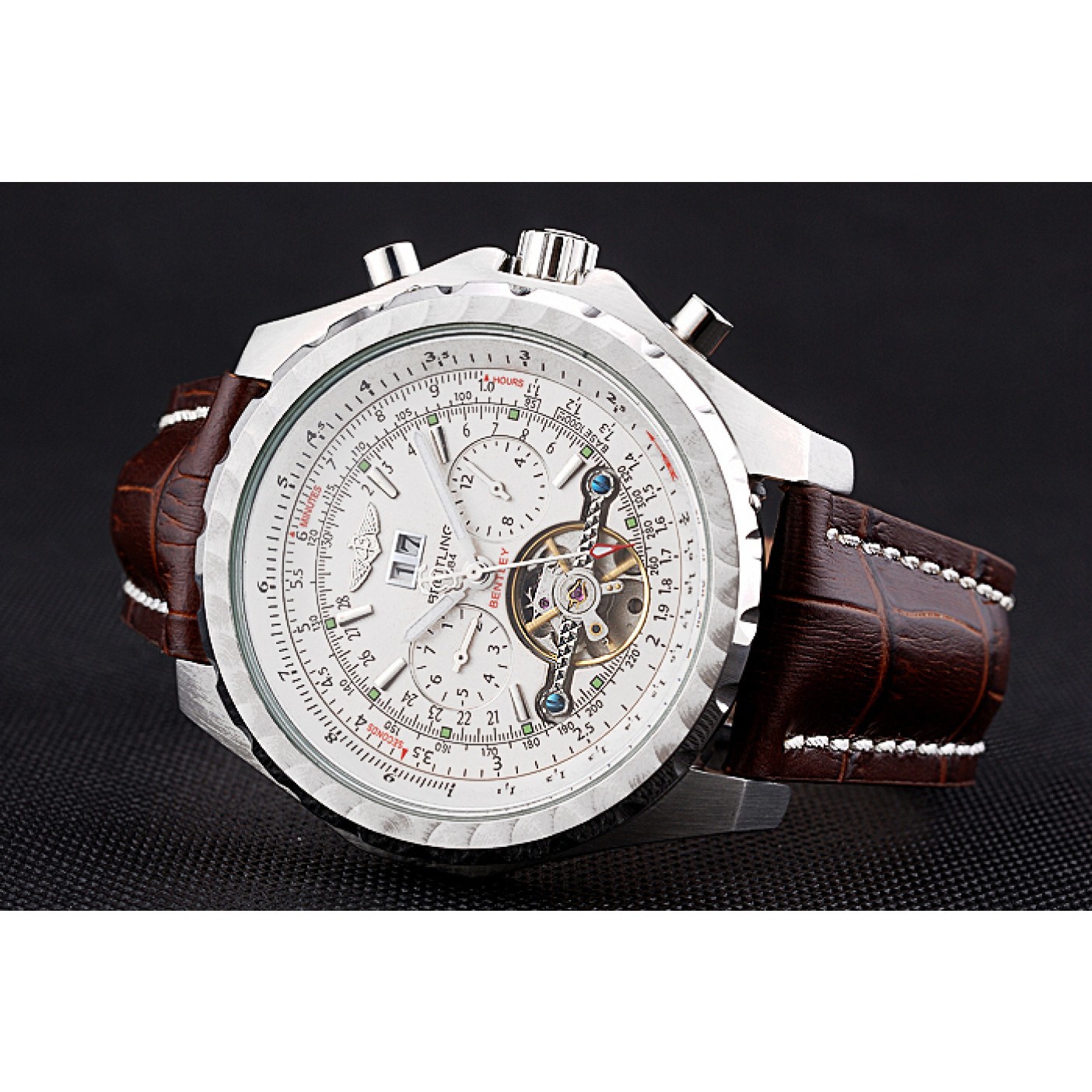 MiroTime Breitling Bentley Mulliner Tourbillon White Dial Stainless Steel Case Brown Leather Strap 622729