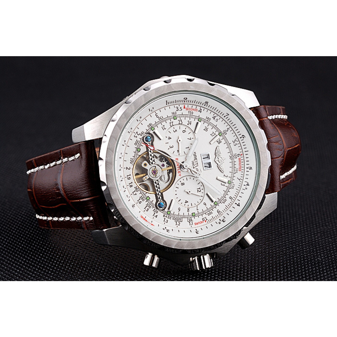 MiroTime Breitling Bentley Mulliner Tourbillon White Dial Stainless Steel Case Brown Leather Strap 622729