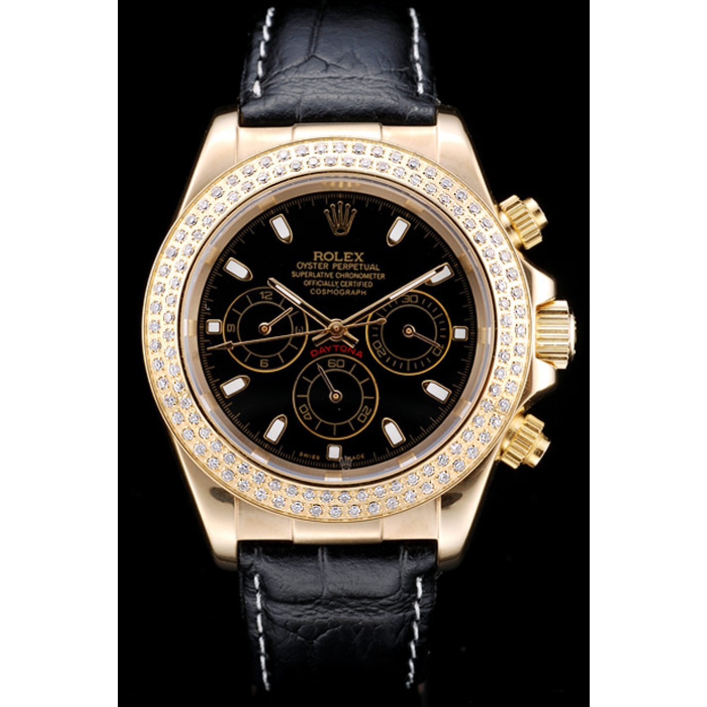 MiroTime Rolex Daytona Gold Case Crystal Studded Bezel Black Dial