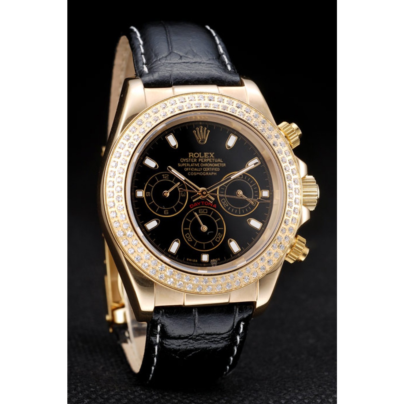 MiroTime Rolex Daytona Gold Case Crystal Studded Bezel Black Dial