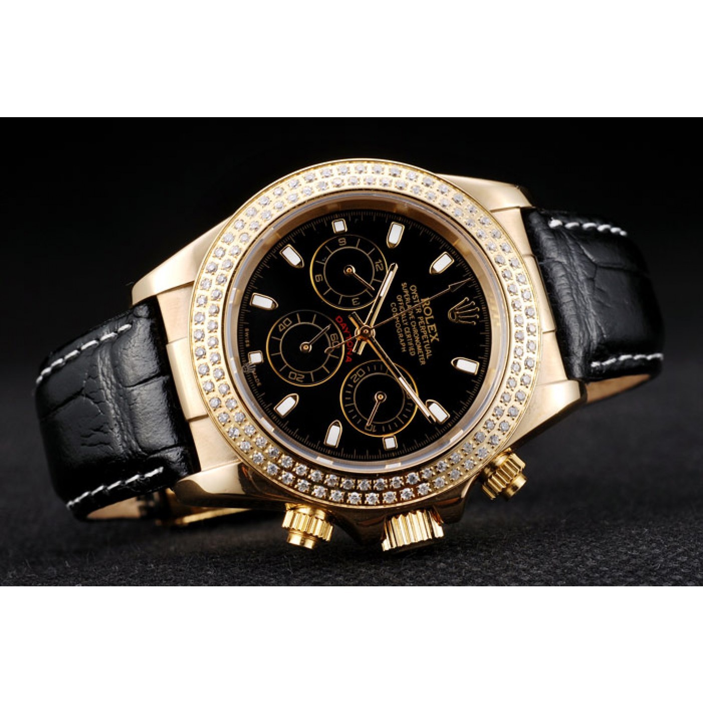 MiroTime Rolex Daytona Gold Case Crystal Studded Bezel Black Dial