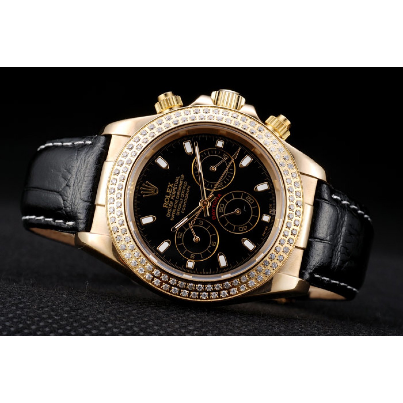 MiroTime Rolex Daytona Gold Case Crystal Studded Bezel Black Dial