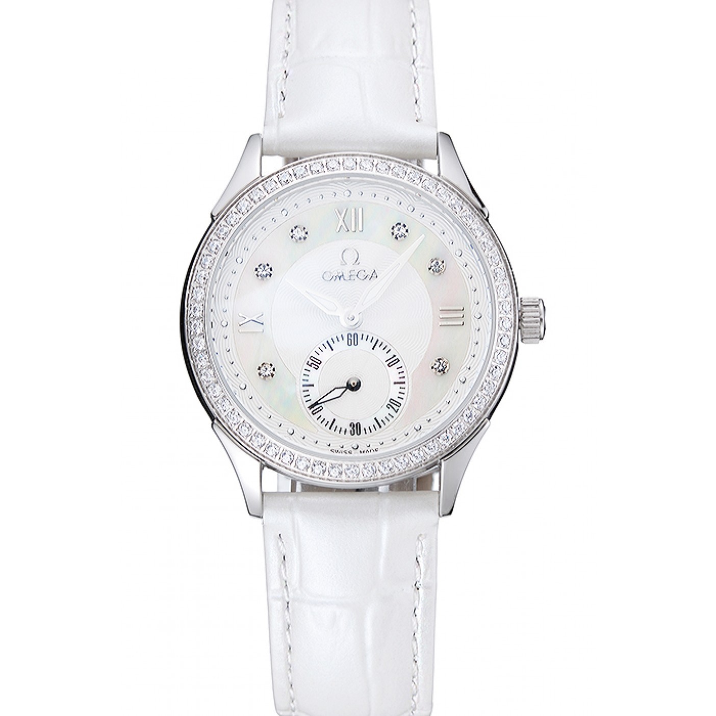 MiroTime Omega DeVille Prestige White Dial Silver Diamond Case White Leather Bracelet 1454119