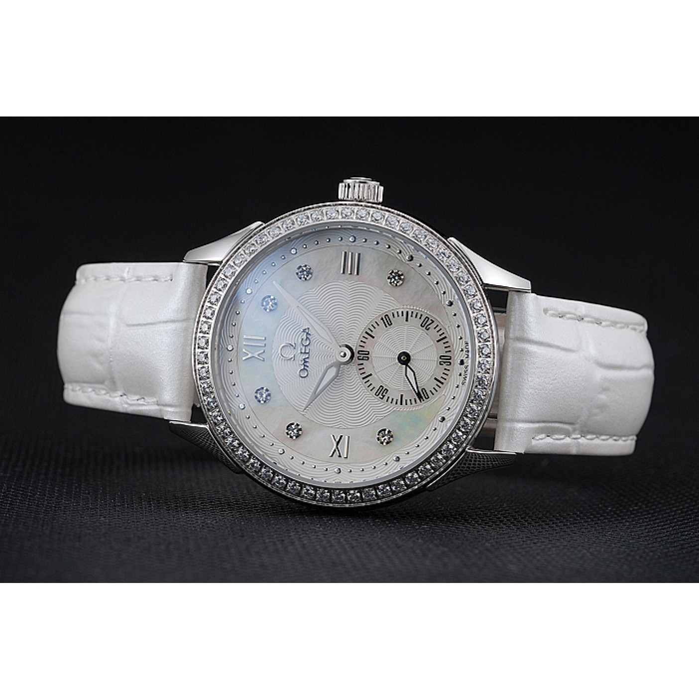 MiroTime Omega DeVille Prestige White Dial Silver Diamond Case White Leather Bracelet 1454119
