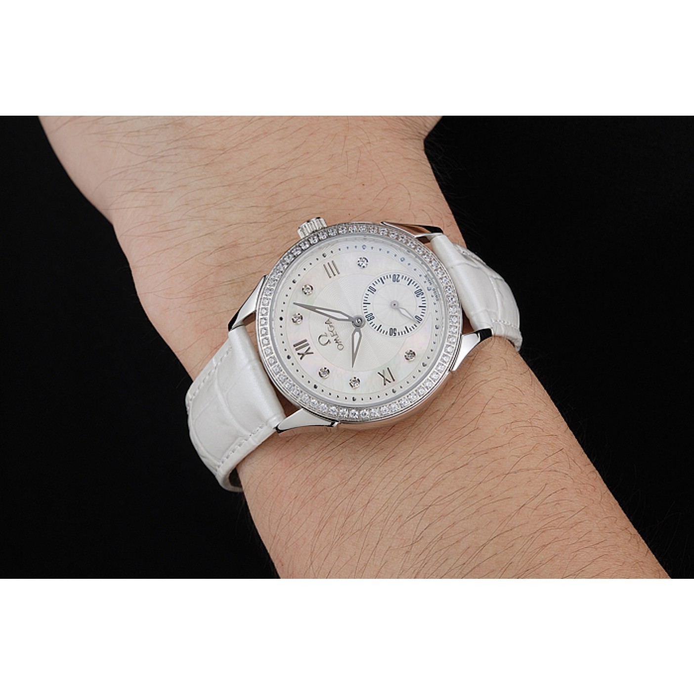 MiroTime Omega DeVille Prestige White Dial Silver Diamond Case White Leather Bracelet 1454119