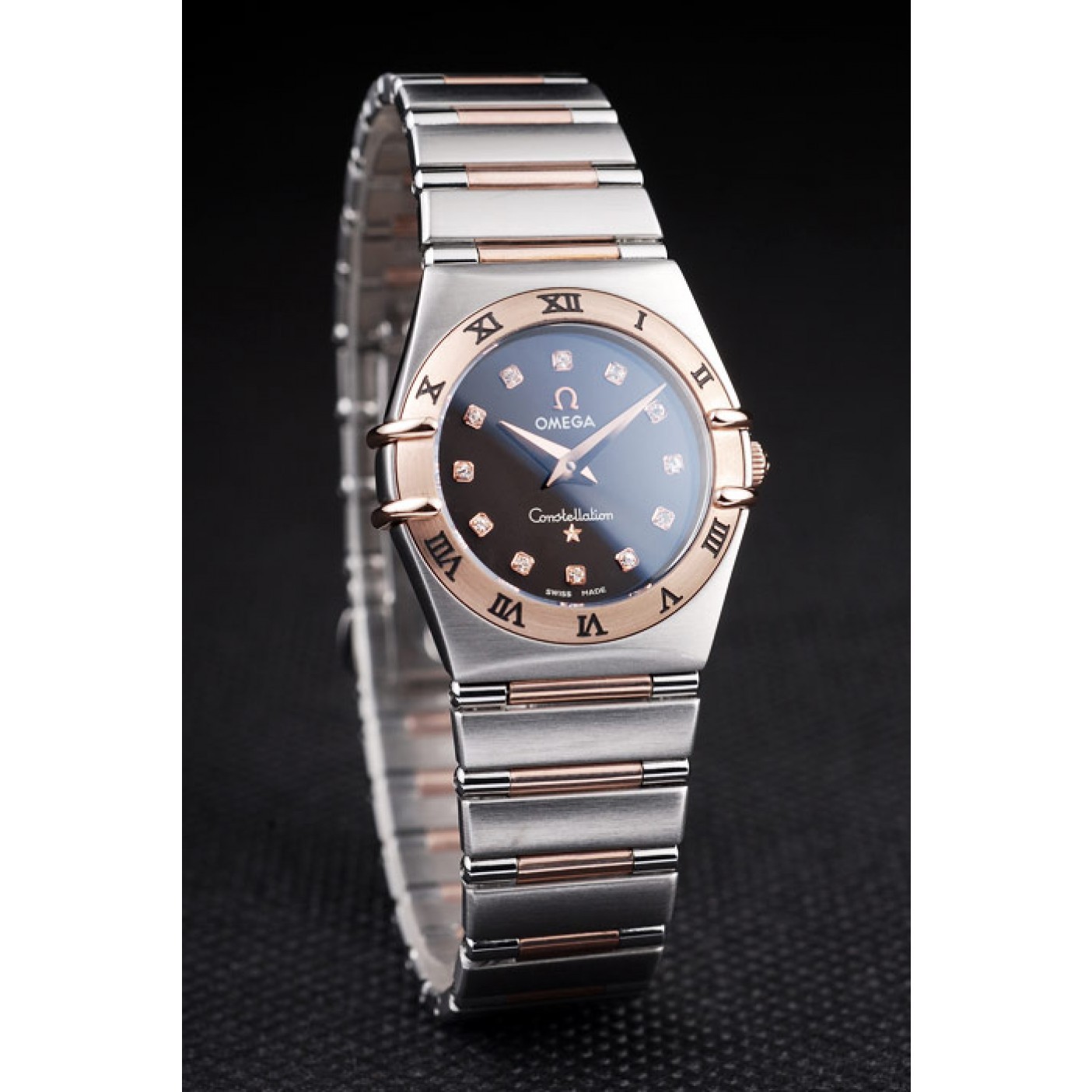 MiroTime Omega Swiss Constellation Jewelry Rose Gold Case Black Dial 98114