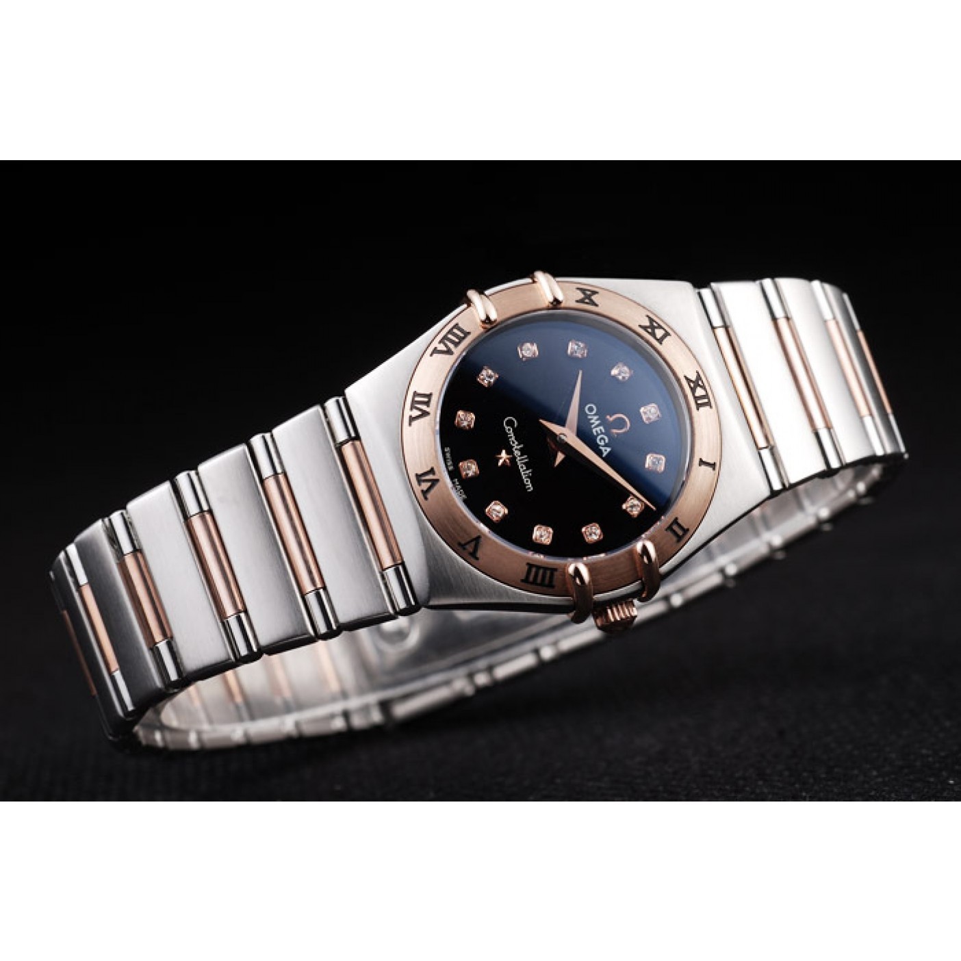 MiroTime Omega Swiss Constellation Jewelry Rose Gold Case Black Dial 98114