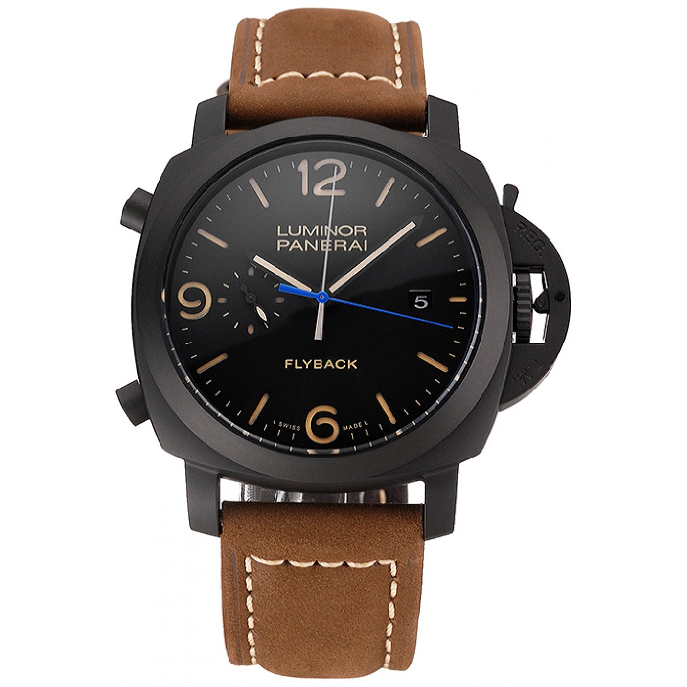 MiroTime Panerai Luminor 1950 3 Days Chrono Flyback Black Dial Black Case Brown Leather Strap