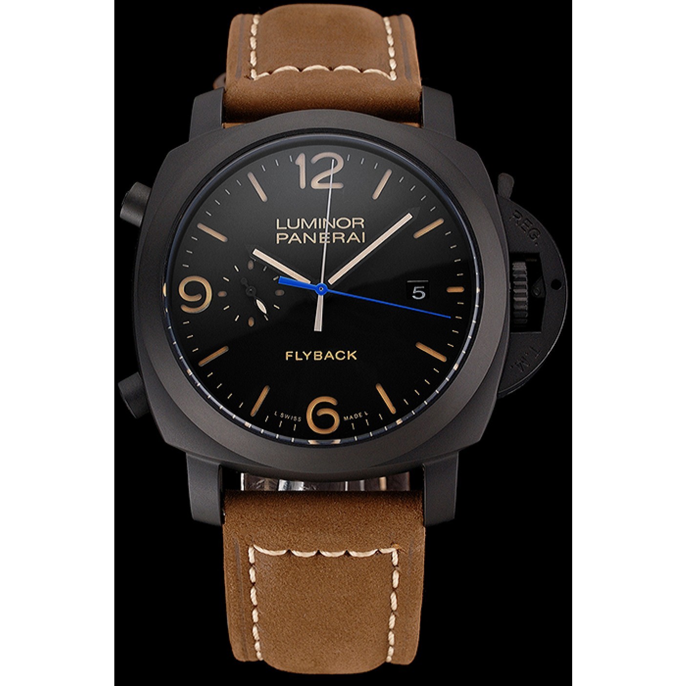 MiroTime Panerai Luminor 1950 3 Days Chrono Flyback Black Dial Black Case Brown Leather Strap