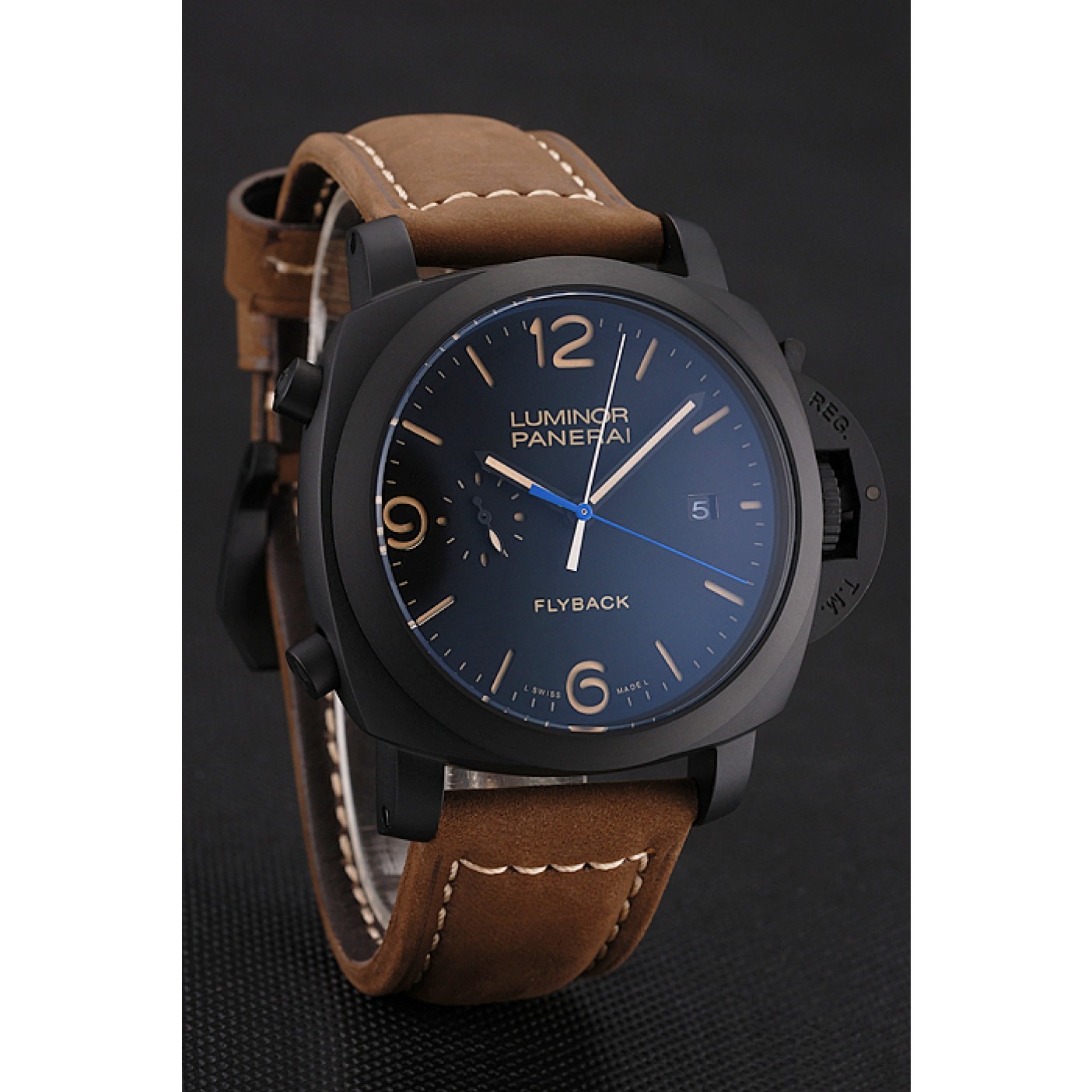 MiroTime Panerai Luminor 1950 3 Days Chrono Flyback Black Dial Black Case Brown Leather Strap