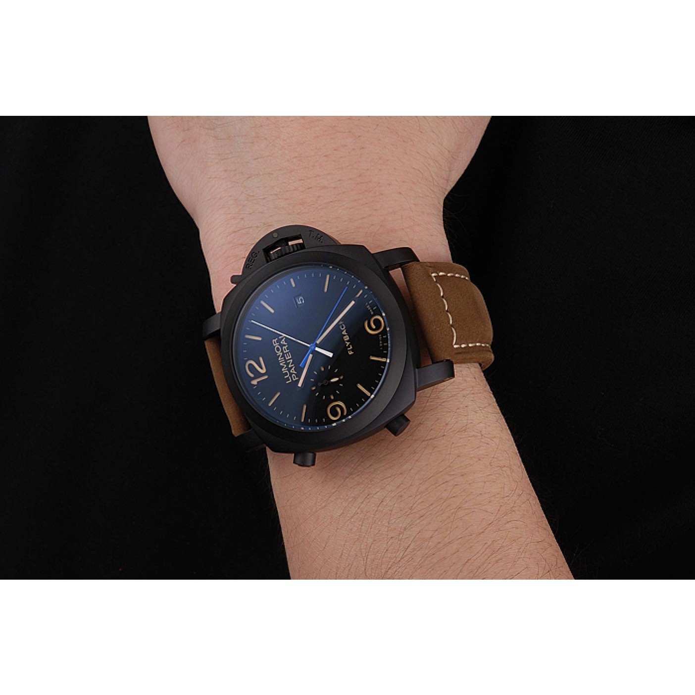 MiroTime Panerai Luminor 1950 3 Days Chrono Flyback Black Dial Black Case Brown Leather Strap