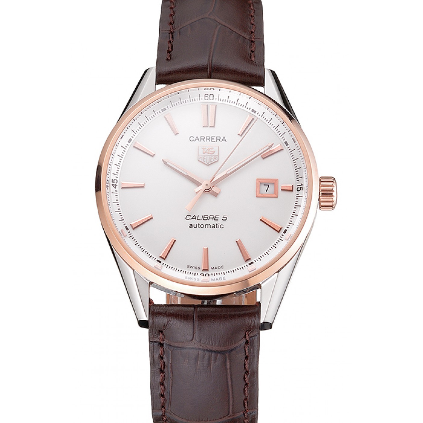 MiroTime Swiss Tag Heuer Carrera Calibre 5 White Dial Rose Gold Case Brown Leather Strap