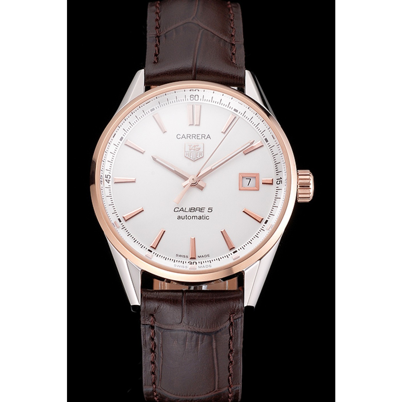 MiroTime Swiss Tag Heuer Carrera Calibre 5 White Dial Rose Gold Case Brown Leather Strap